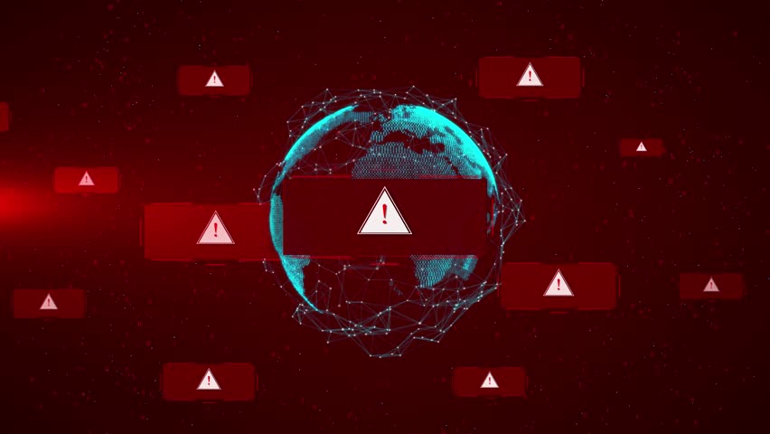 4K 3D System hacked alert cyber attack on computer network. Cybersecurity vulnerability, data breach, internet cyber security data fraud, Malicious software, viruses cybercrime. 3D Illustration
