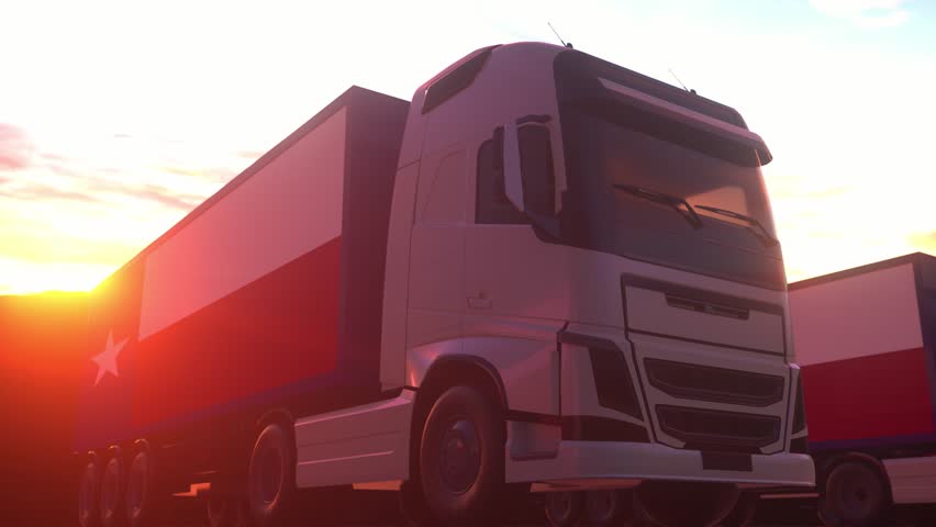 Cargo trucks with Texas state, USA flag. Trucks from Texas loading or unloading at warehouse dock