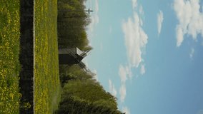 Old windmill behind stone fence near flowering field. Vertical video of landscape of spring dandelion field on sunny, windless day. Use of renewable energy sources in agriculture.