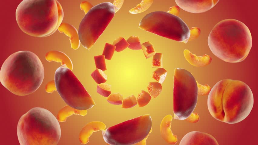 Flying Peach and Peaches slices in Red Yellow Peach Background