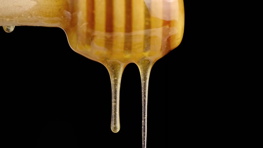 Liquid and fresh honey dripping from wooden honey spoon black background.