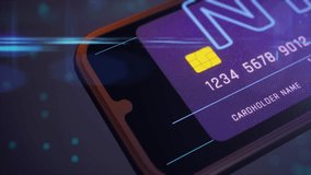 Digital animation showing nfc paying by mobile phone by modern technologies. New trendy animation with smartphone and holographic blurred background - Powered by Shutterstock - Get 15% off with code: PIKWIZARD15