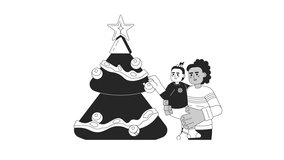 Mother holding adopted daughter near xmas tree bw 2D characters animation. outline cartoon 4K video, alpha channel. Black mom, girl decorating fir animated people isolated on white background