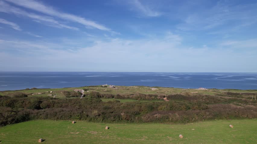 DRONE AERIAL FOOTAGE: The World War II Pointe du Hoc Ranger Monument. Pointe du Hoc is a high point between two of the five D-Day landing beaches, Utah and Omaha in Normandy, France.