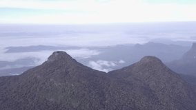 Top view on mountain with green forest and clouds. Slow move camera. D-log.