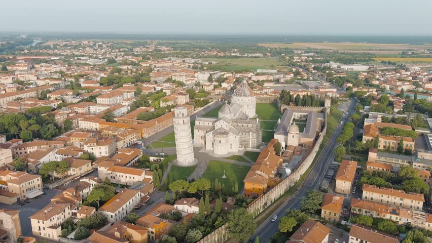 Pisa, Italy. Famous Leaning Tower and Pisa Cathedral in Piazza dei Miracoli. Summer. Morning hours, Aerial View, Point of interest Royalty-Free Stock Footage #3393047187