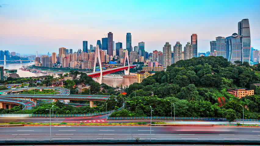 Time-lapse city buildings skyline and road intersection in Chongqing, China