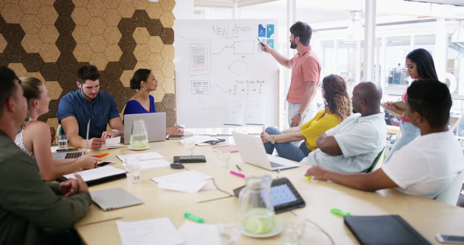 Business people, whiteboard presentation and meeting for ui design, application and creative planning. Software developer, manager with user interface ideas and group listening for digital project