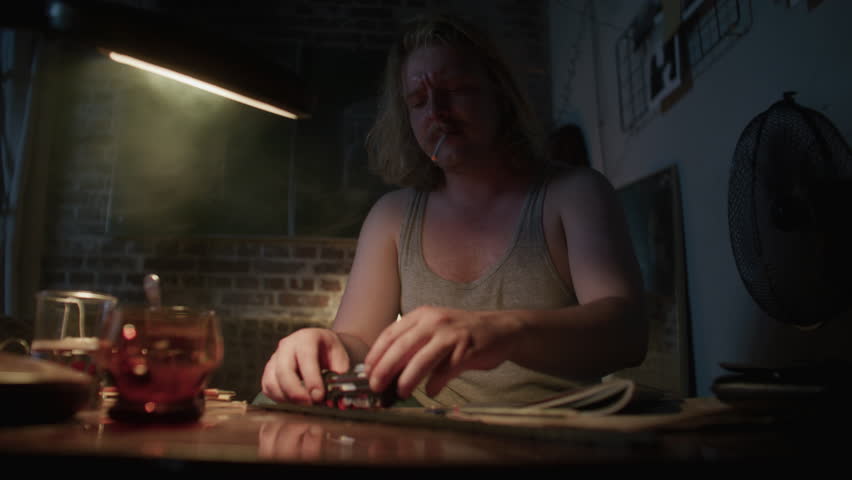 Lazy man in his apartment playing with a train toy