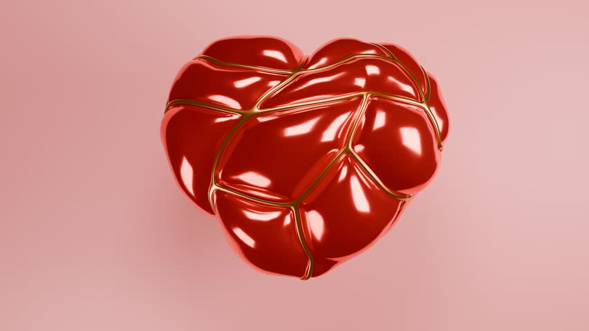 Loop 3D animation of a red heart in a golden lattice. The heart inflates like a balloon and flies up. Animation for Valentine's day.