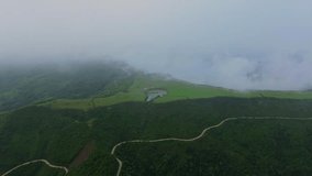 Steppe with green grass covered by misty clouds on a mountain in the middle of a tropical forest with an aerial view from a drone.