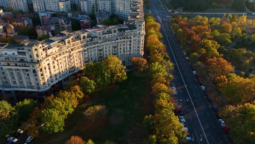 Slow Aerial Reveal Over The Palace of Parliament At Sunset In Bucharest, Romania, Autumn Colors