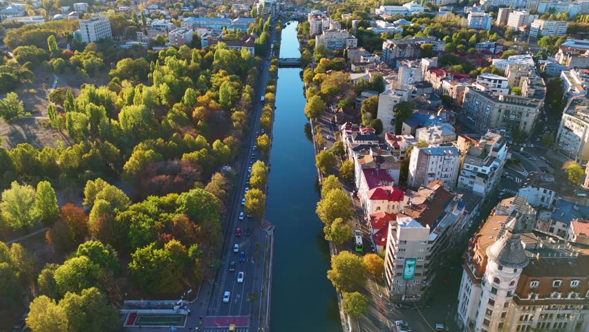 Aerial View Over Dambovita River at Sunset, Autumn Vibes, Izvor District, Bucharest, Romania