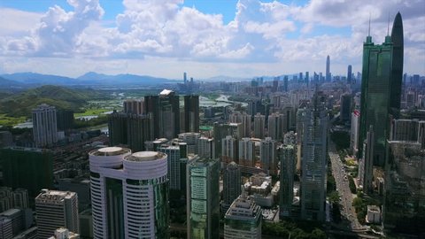 sunny day shenzhen cityscape downtown traffic road aerial panorama 4k china