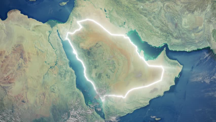 Realistic Earth Orbit and Zoom Glowing Borders Kingdom of Saudi Arabia