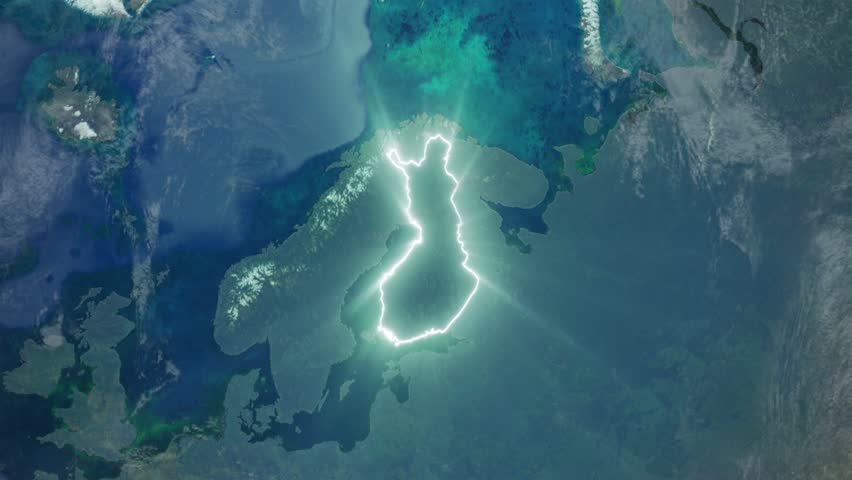 Realistic Earth Night Orbit and Zoom Glowing Borders Finland