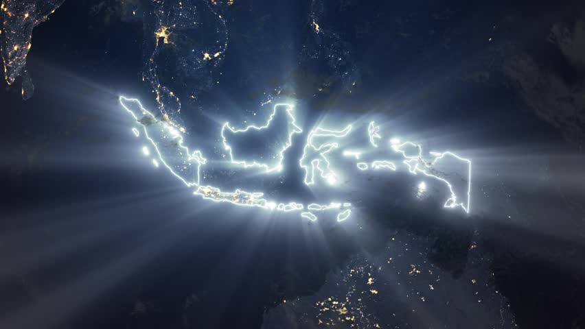 Realistic Earth Night Orbit and Zoom Glowing Borders Indonesia