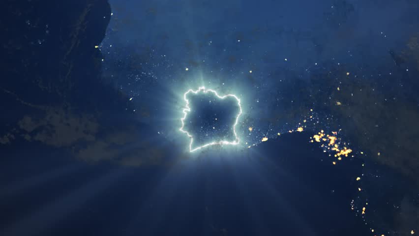 Realistic Earth Night Orbit and Zoom Glowing Borders Ivory Coast Cote Dlvoire