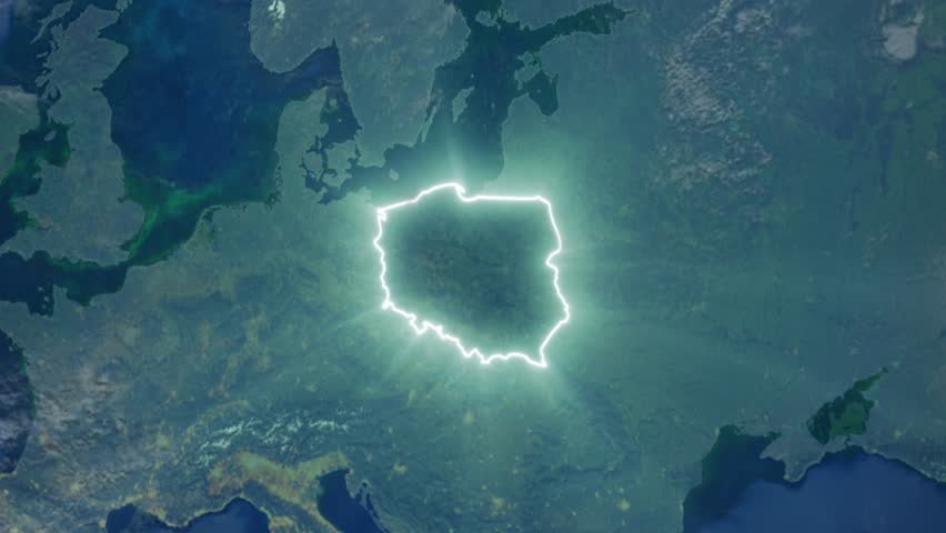 Realistic Earth Night Orbit and Zoom Glowing Borders Poland