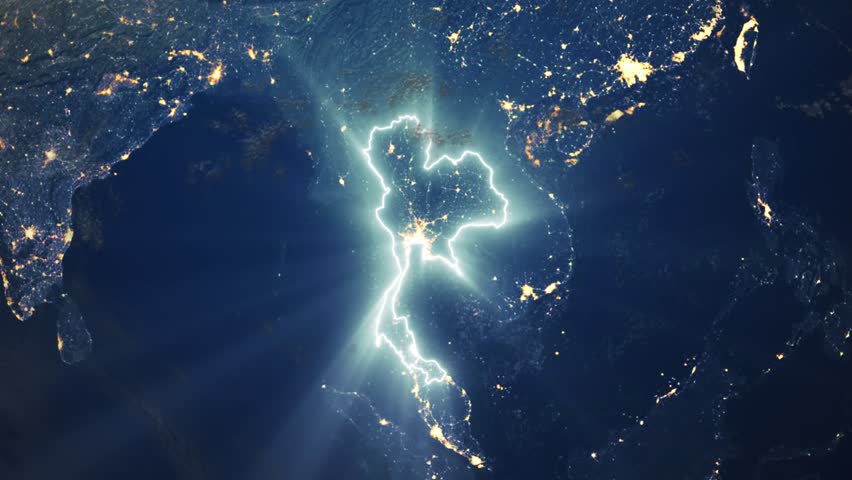 Realistic Earth Night Orbit and Zoom Glowing Borders Thailand