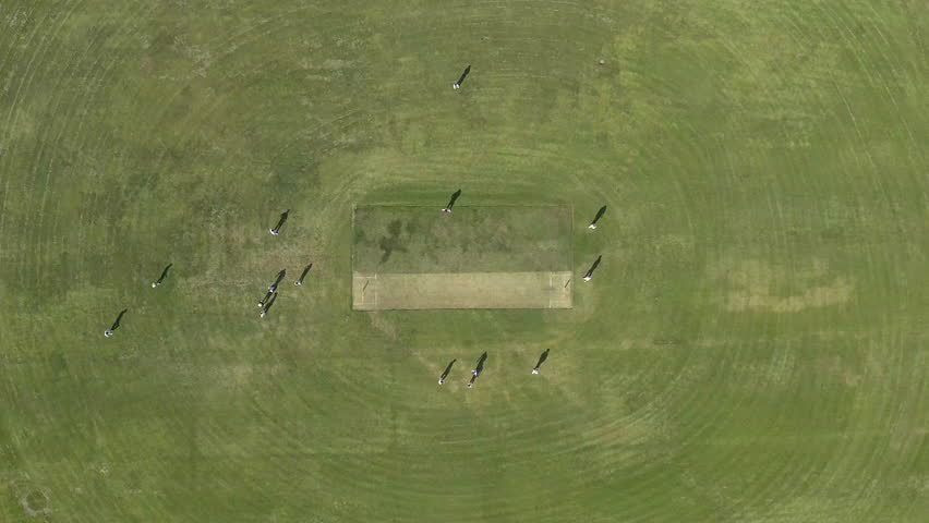 Drone, field and cricket with sports, or and timelapse with exercise, fitness or competition in summer. Above pitch, athlete people and contest for international test match, games or action in India