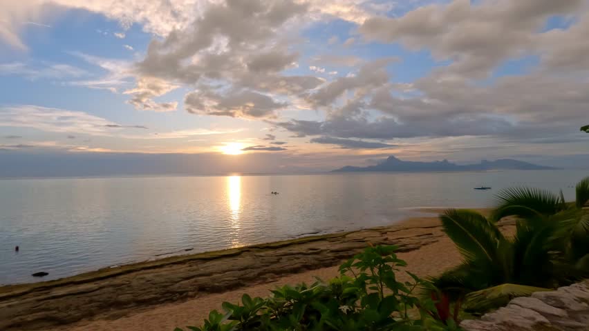 Beach View of Tahiti, French Polynesia at Sunset with Morea in the Baclground ~ Taken at PK 18 Plage de Vaiava Beach in Paea