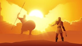 Biblical motion graphic of David and Goliath ready for a duel in dramatic scene