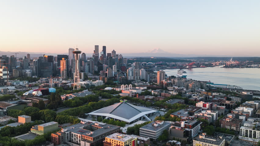 Establishing Aerial View Shot of Seattle WA, Washington USA, wonderful day, sunny