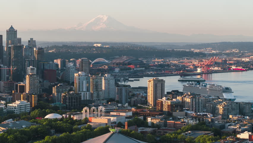 Establishing Aerial View Shot of Seattle WA, Washington USA, wonderful day, sunny