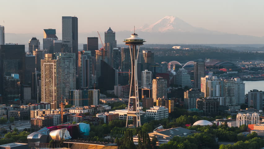 Establishing Aerial View Shot of Seattle WA, Washington USA, wonderful day, sunny