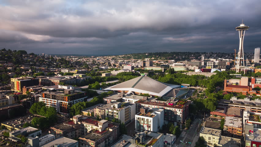 Dramatic Light, Establishing Aerial View Shot of Seattle WA, Washington USA