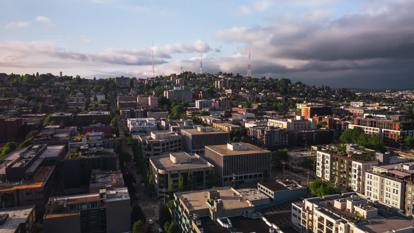 Establishing Aerial View Shot of Seattle WA, Washington USA, wonderful day, sunny