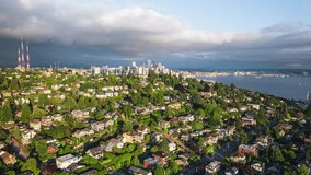 Dramatic Light, Establishing Aerial View Shot of Seattle WA, Washington USA
