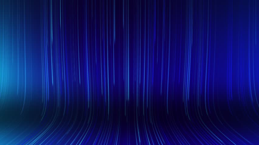 Vertical dark and light blue lines flow onto a horizontal surface, creating an animated wall and table in a front view. Experience a rainbow wall and table with a smooth blue neon linear background.