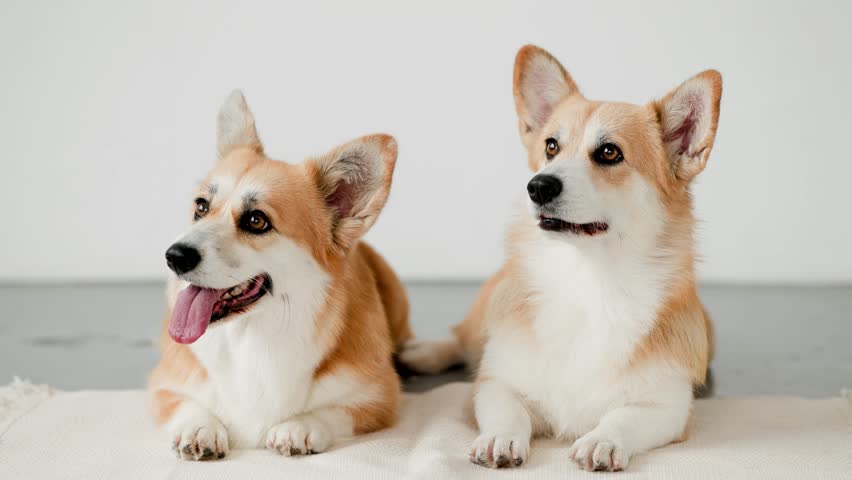 Portrait of adorable, happy smiling dog of the corgi breed. Beloved pet in the beautiful home. Royalty-Free Stock Footage #3393503383