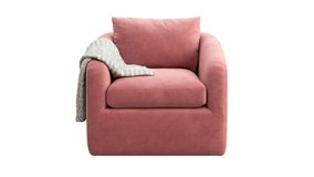 Circular animation of modern textile swivel chair. Pink velvet upholstery armchair with throw plaid on white background. Mid-century, Loft, Chalet, Scandinavian interior. 3d render - Powered by Shutterstock - Get 15% off with code: PIKWIZARD15