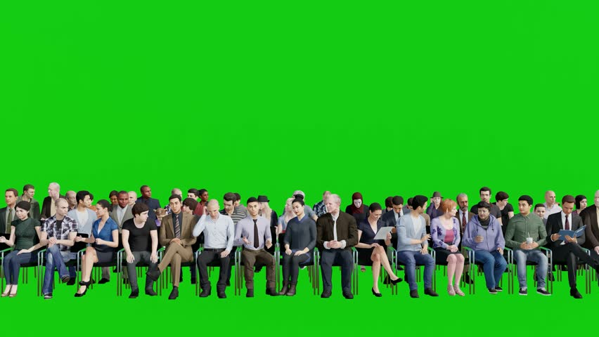 Front View Group of 3d Animation People Sitting on Chairs with Green Screen Background Chroma key Royalty-Free Stock Footage #3393574243