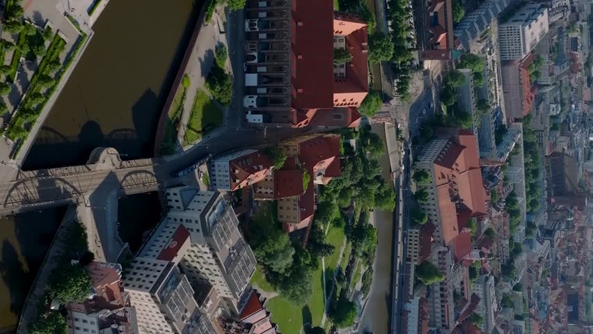 Aerial view of Wroclaw downtown. It is the old city in western Poland. Cathedral Island in Wroclaw. Aerial vertical, vertical video background.