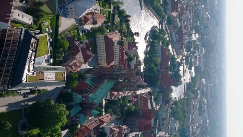 Aerial view of Wroclaw downtown. It is the old city in western Poland. Cathedral Island in Wroclaw. Aerial vertical, vertical video background.