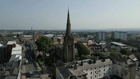Preston, Lancashire, UK, September 03, 2023; Aerial clip of Preston Trinity Church and Spire, Preston, England, UK 