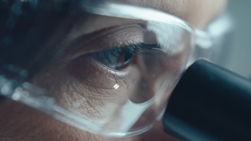Eyes of female scientist in protective glasses looking through microscope during laboratory research. Extreme close-up shot - Powered by Shutterstock - Get 15% off with code: PIKWIZARD15
