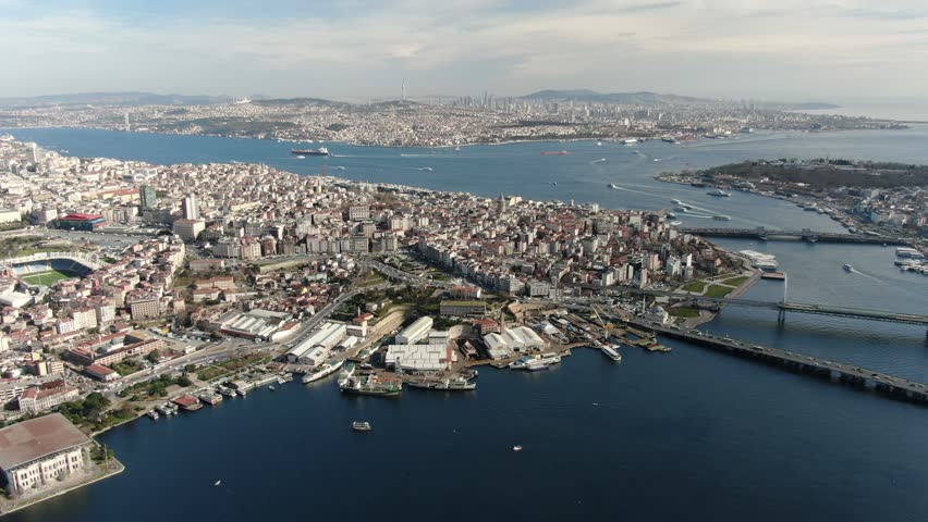 Aerial view shooting of cars in traffic in Istanbul. Aerial shot of Istanbul, crowd of people.