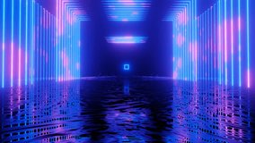 Neon Design blue purple pattern form wall. 4K video with various neon elements and a reflecting floor. Looped 3d render. Glowing Neon: 4K colorful geometric shapes and a mirror effect. 3D Illustration
