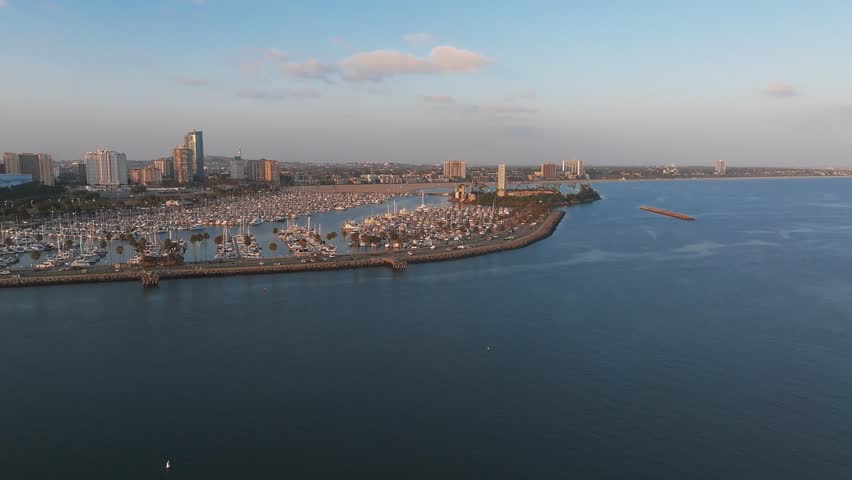 Aerial panoramic view of the Long Beach coastline, harbour, skyline and Marina in Long Beach with Palm Trees. Beautiful Los Angeles.