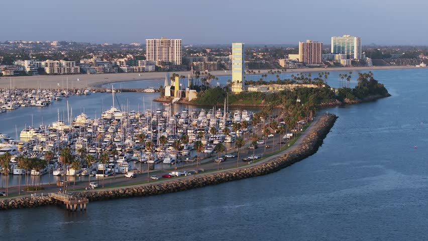 Aerial panoramic view of the Long Beach coastline, harbour, skyline and Marina in Long Beach with Palm Trees. Beautiful Los Angeles.