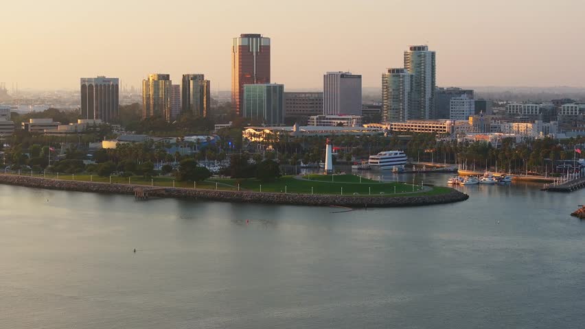 Aerial panoramic view of the Long Beach coastline, harbour, skyline and Marina in Long Beach with Palm Trees. Beautiful Los Angeles.