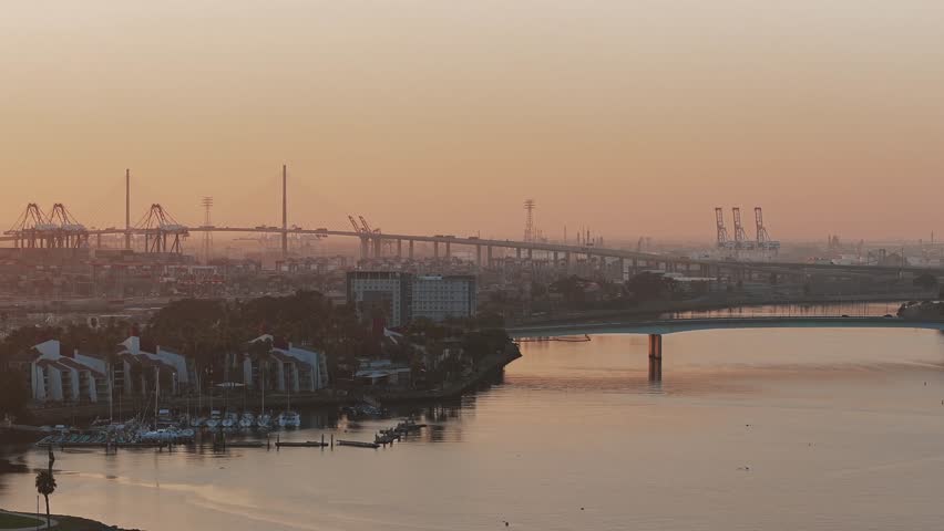 Aerial panoramic view of the Long Beach coastline, harbour, skyline and Marina in Long Beach with Palm Trees. Beautiful Los Angeles.