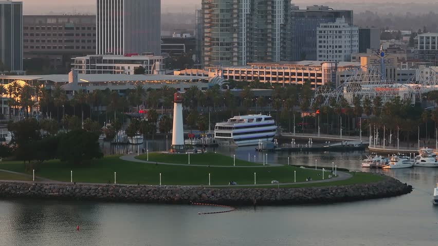 Aerial panoramic view of the Long Beach coastline, harbour, skyline and Marina in Long Beach with Palm Trees. Beautiful Los Angeles.