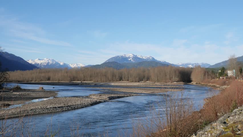 Beautiful view of the Squamish River during a fall season at the Eagle Run vista point in Brackendale, Squamish, British Columbia, Canada
