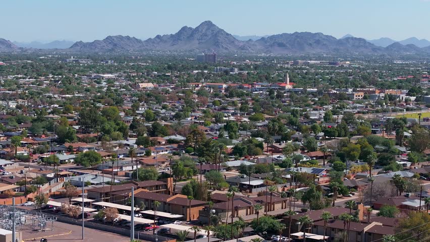 Phoenix city downtown skyline cityscape of Arizona in USA. Top view of downtown Phoenix Arizona on a summer day in USA.